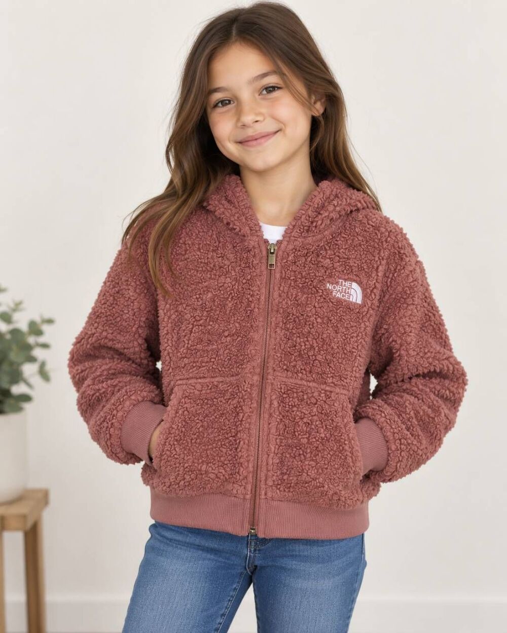 The North Face Girls Suave Oso Sherpa Fleece Hoodie Jacket Brown M Size 10